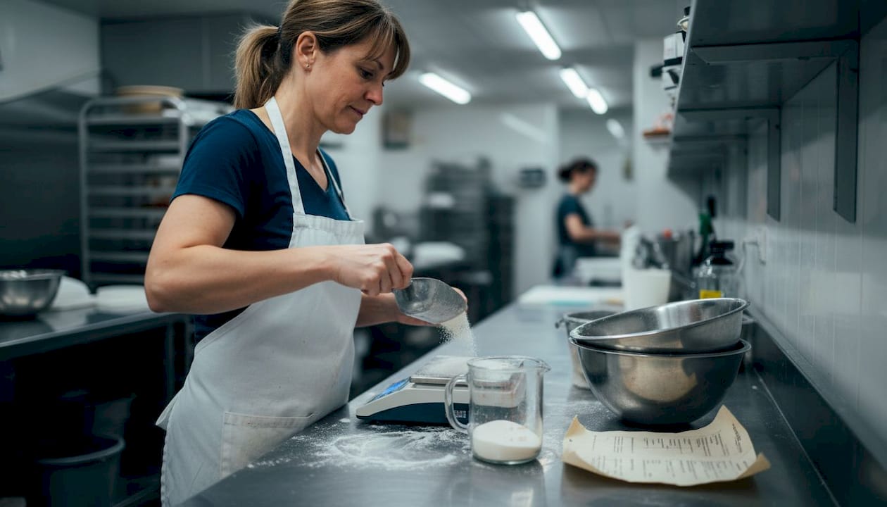 Baker measuring cane sugar in kitchen