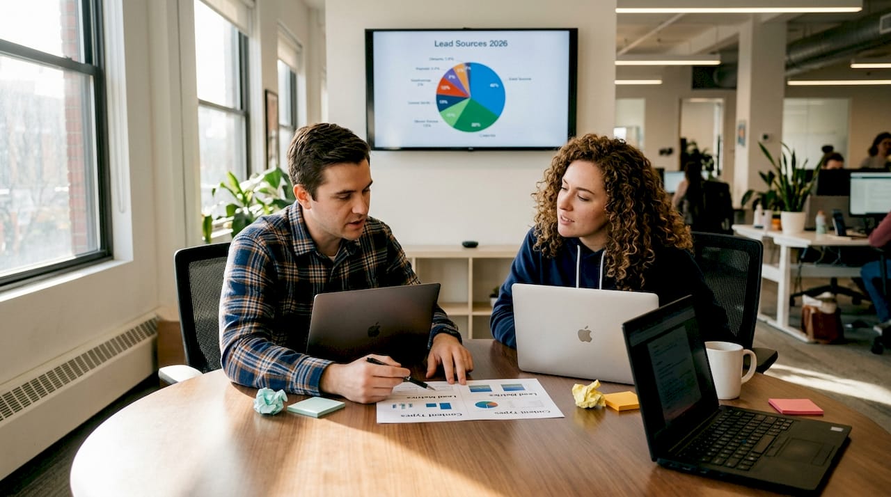 Team analyzing content marketing performance printout