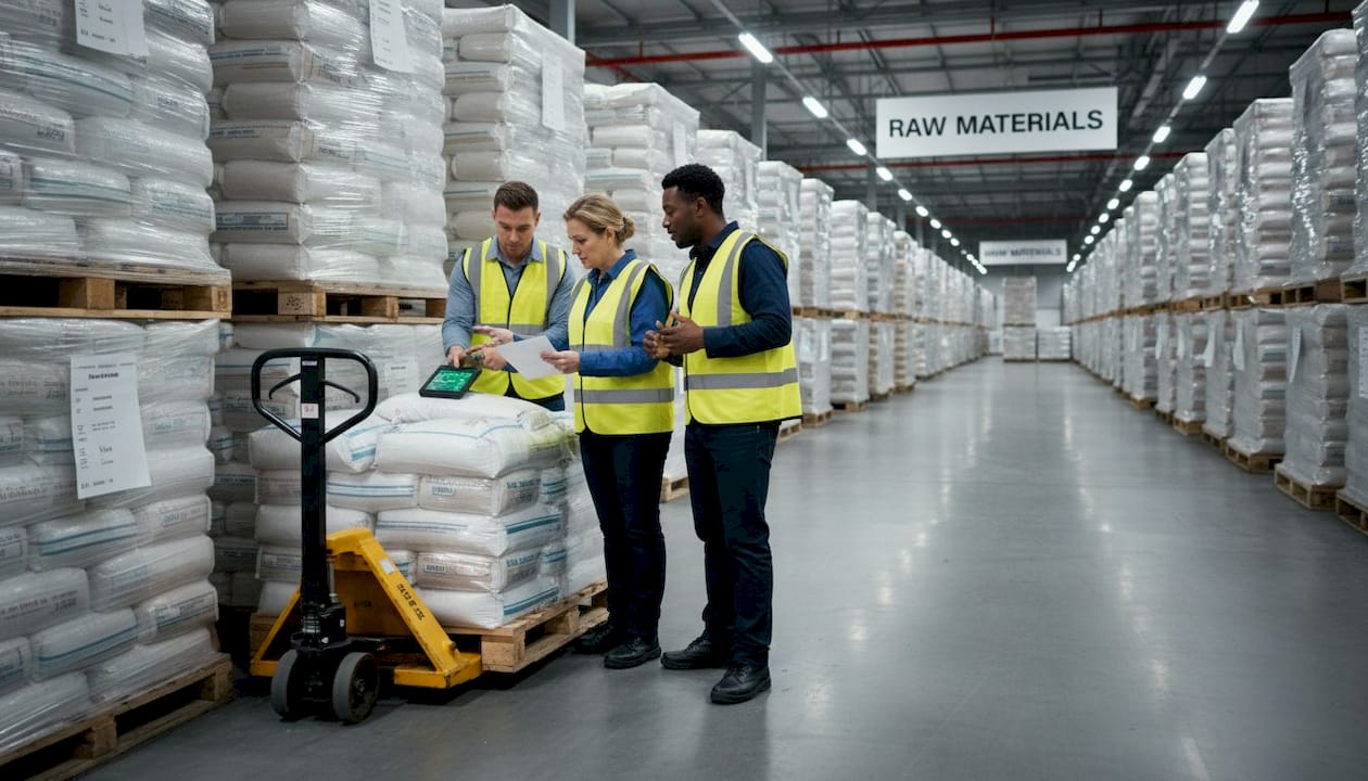 Warehouse team managing sugar pallet inventory