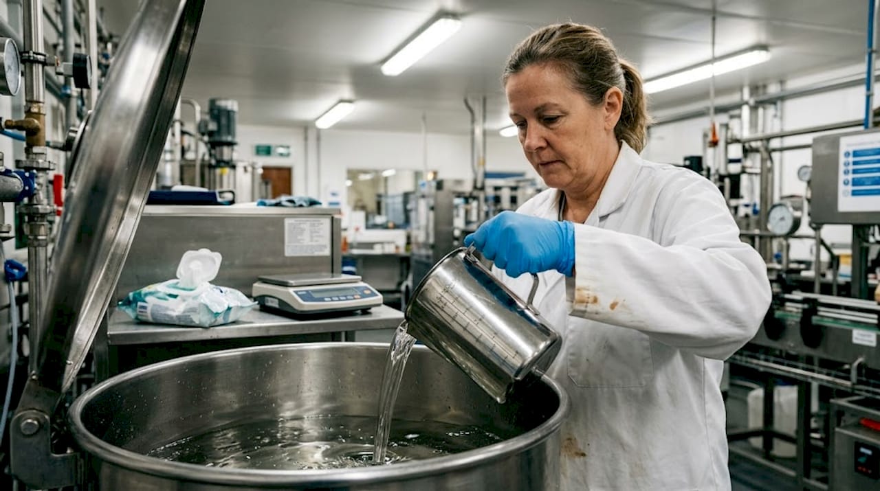 Technician pouring liquid sugar into mixing tank