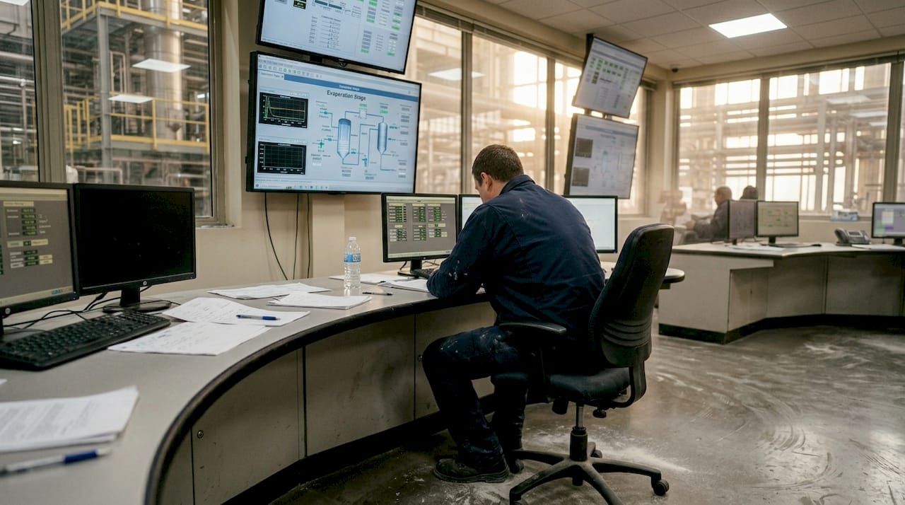 Technician monitoring sugar refinery operations