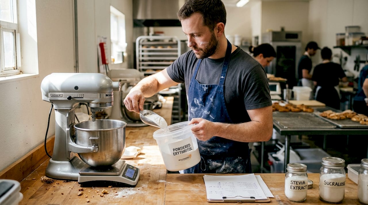Baker measures specialty sweeteners for recipe