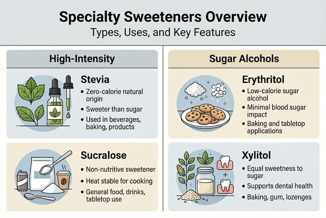 Infographic showing types and uses of sweeteners