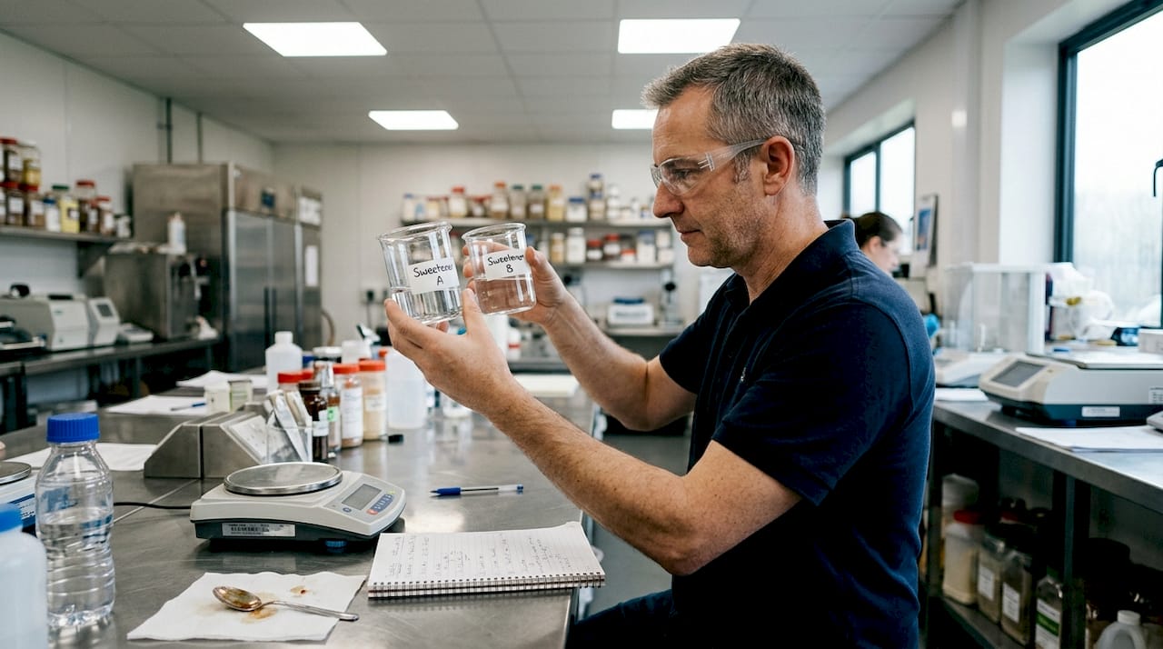 Food scientist compares sweetener solutions in lab