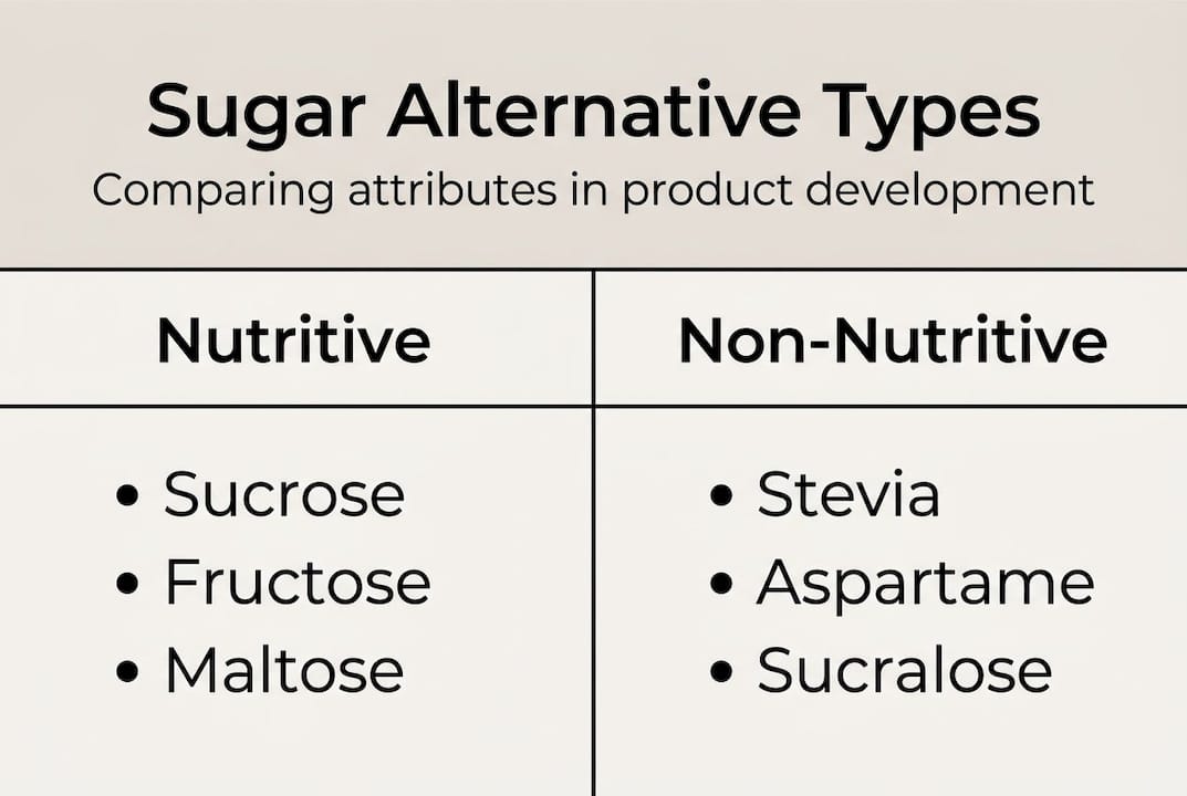 Infographic comparing sugar alternative types and properties