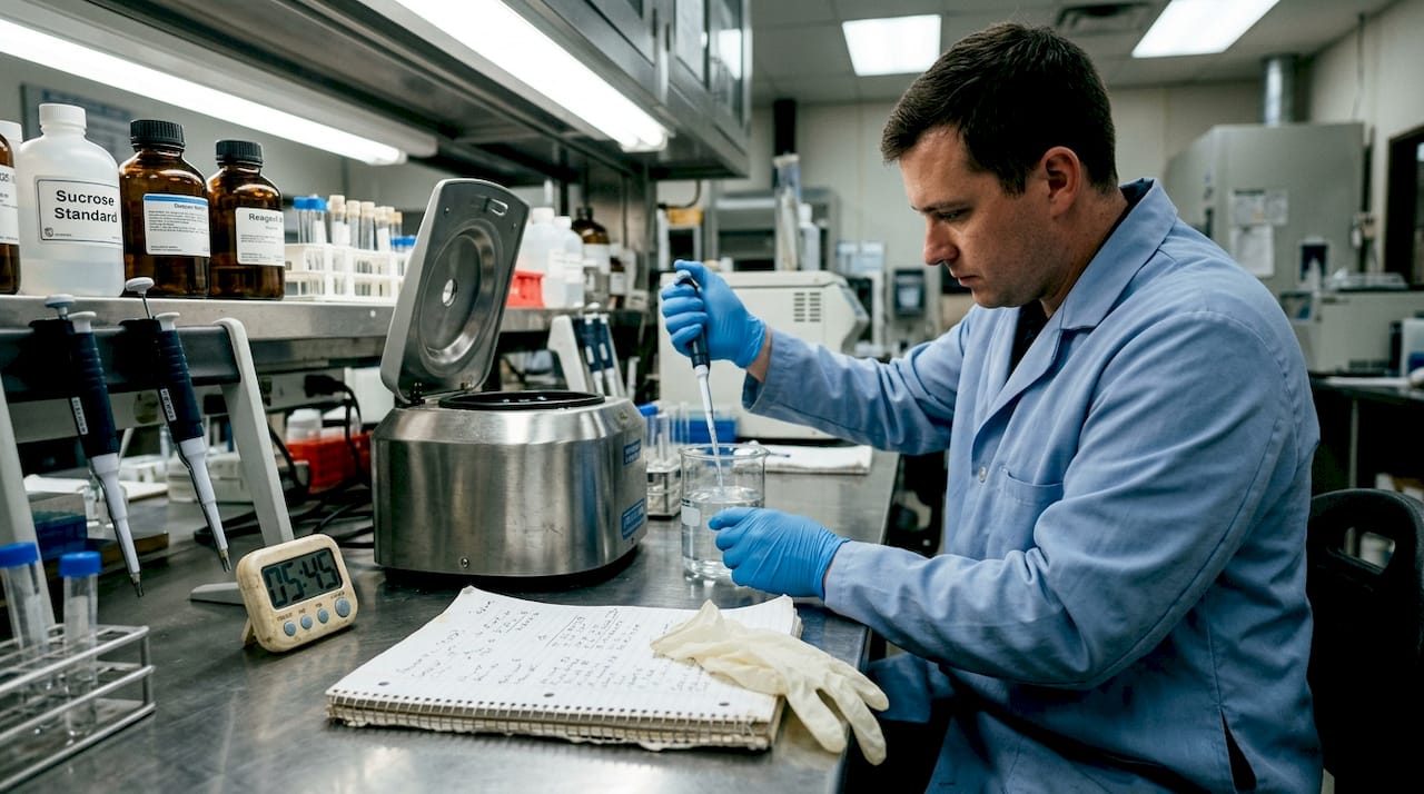 Technician testing sugar liquid in lab