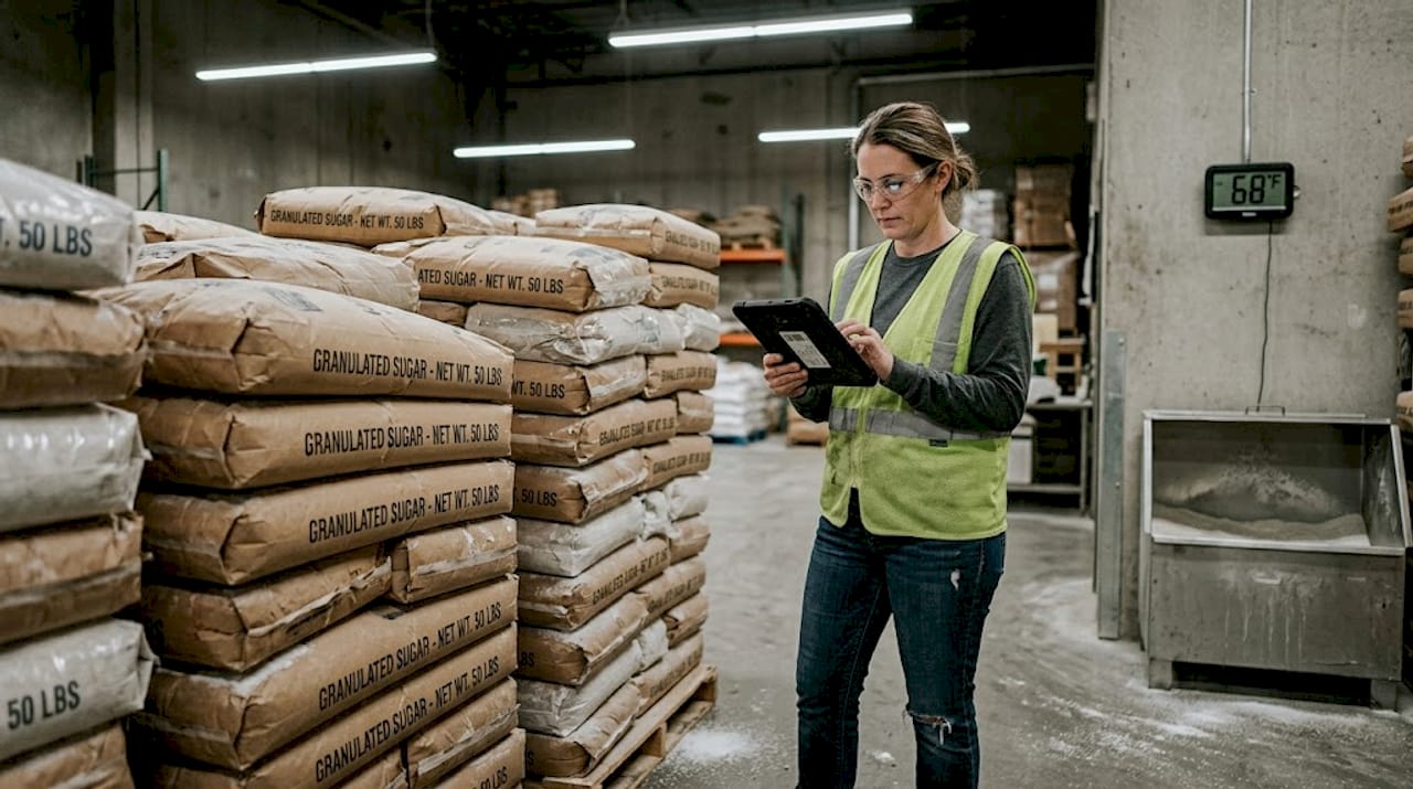 Worker using tablet in sugar storage room
