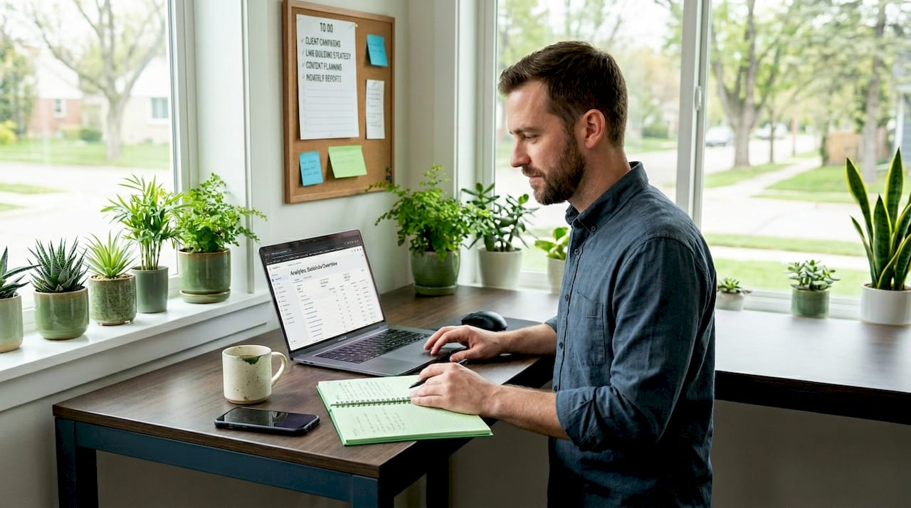 Marketer reviewing backlinks at home office desk