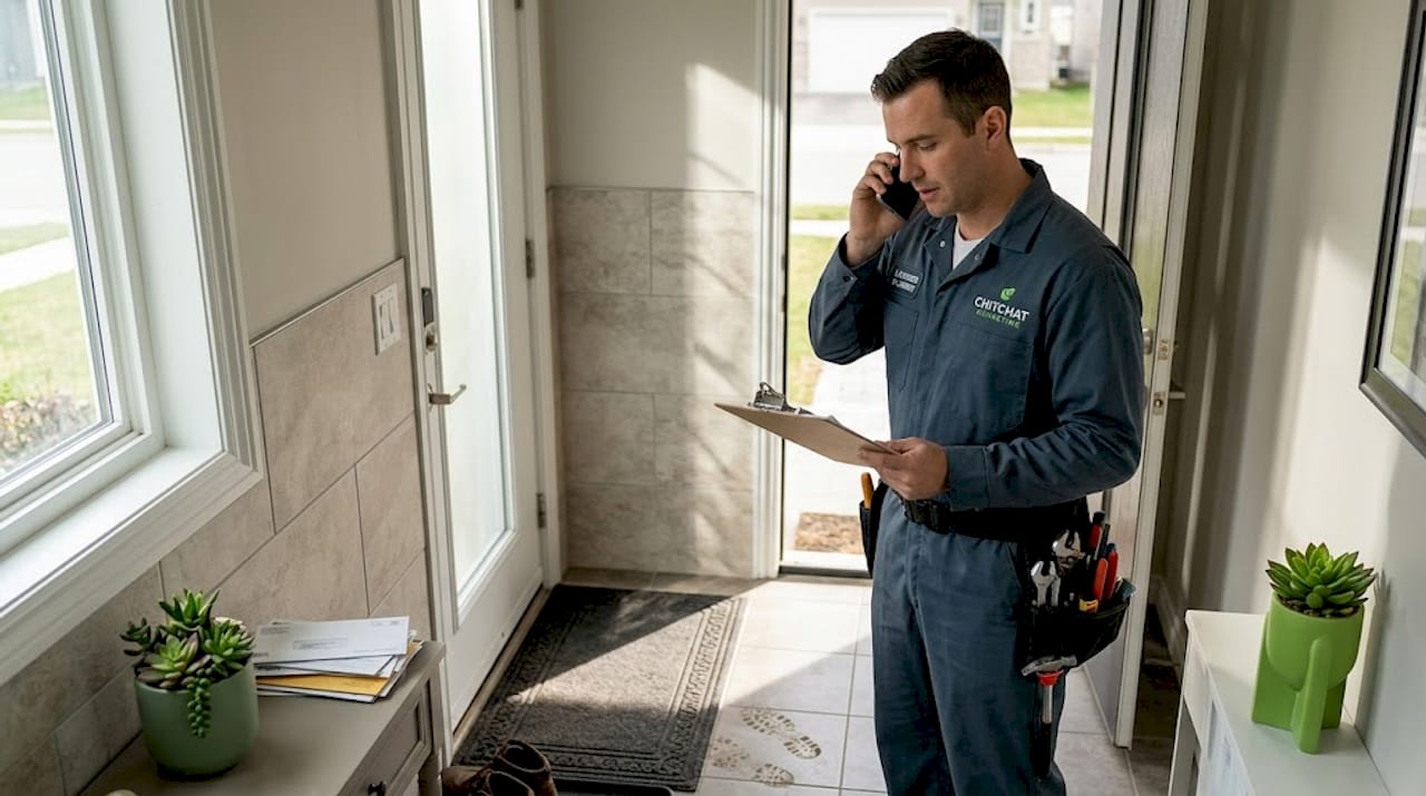 Plumber at home entry talking on phone with clipboard
