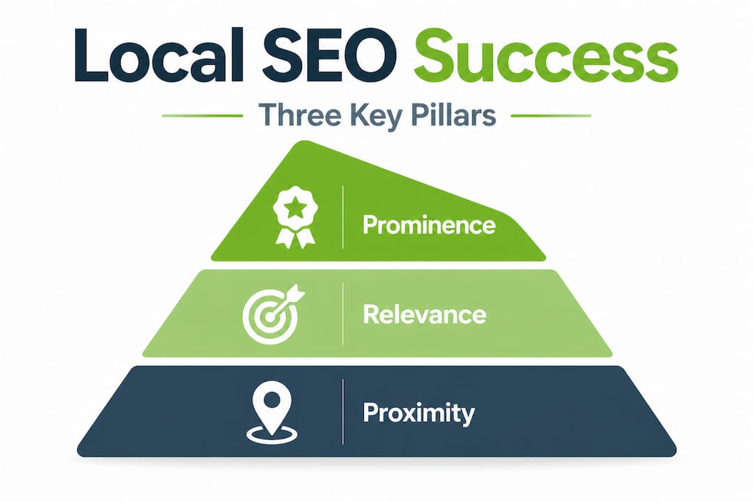Infographic pyramid ranking three key local SEO pillars