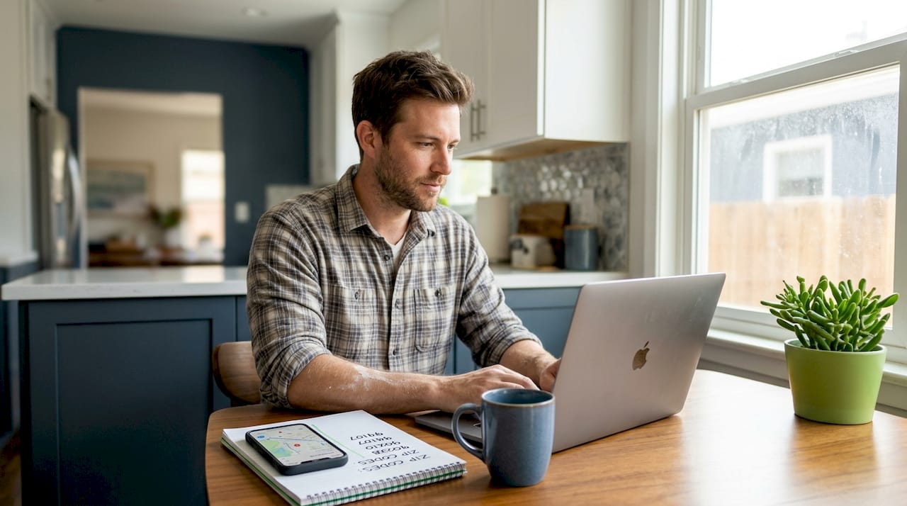 Contractor updating business listing at kitchen table