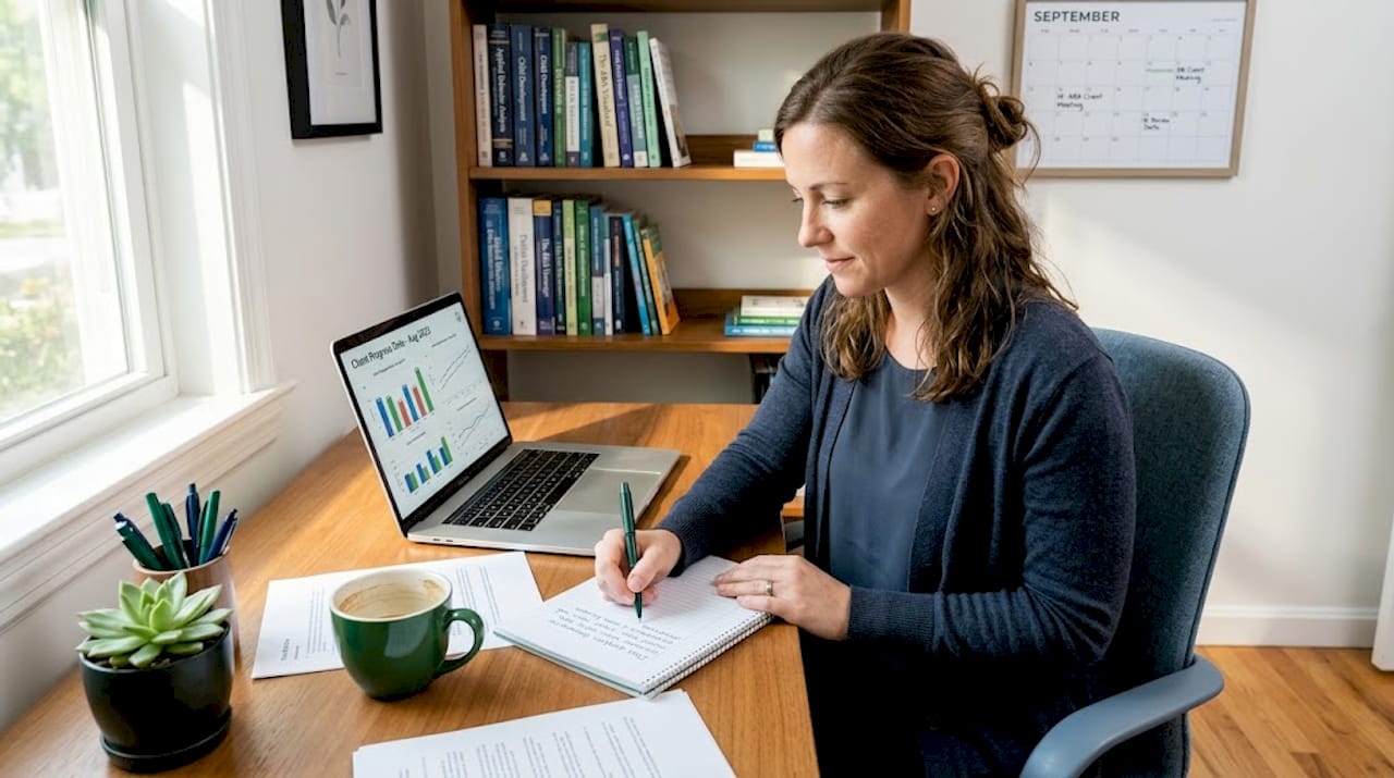 Therapist checks website analytics in home office