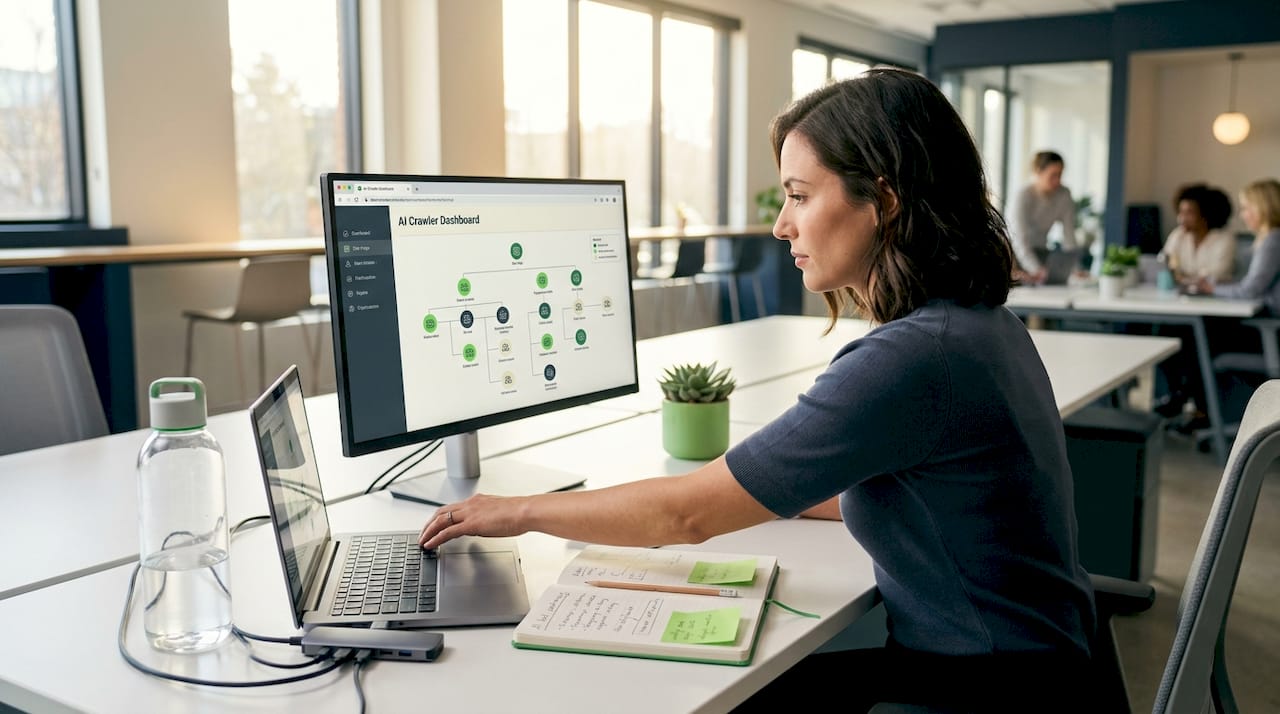 Manager configures AI crawler dashboard at desk