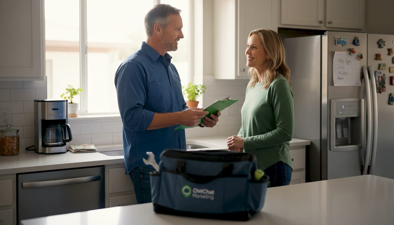 Technician and homeowner discuss maintenance in kitchen