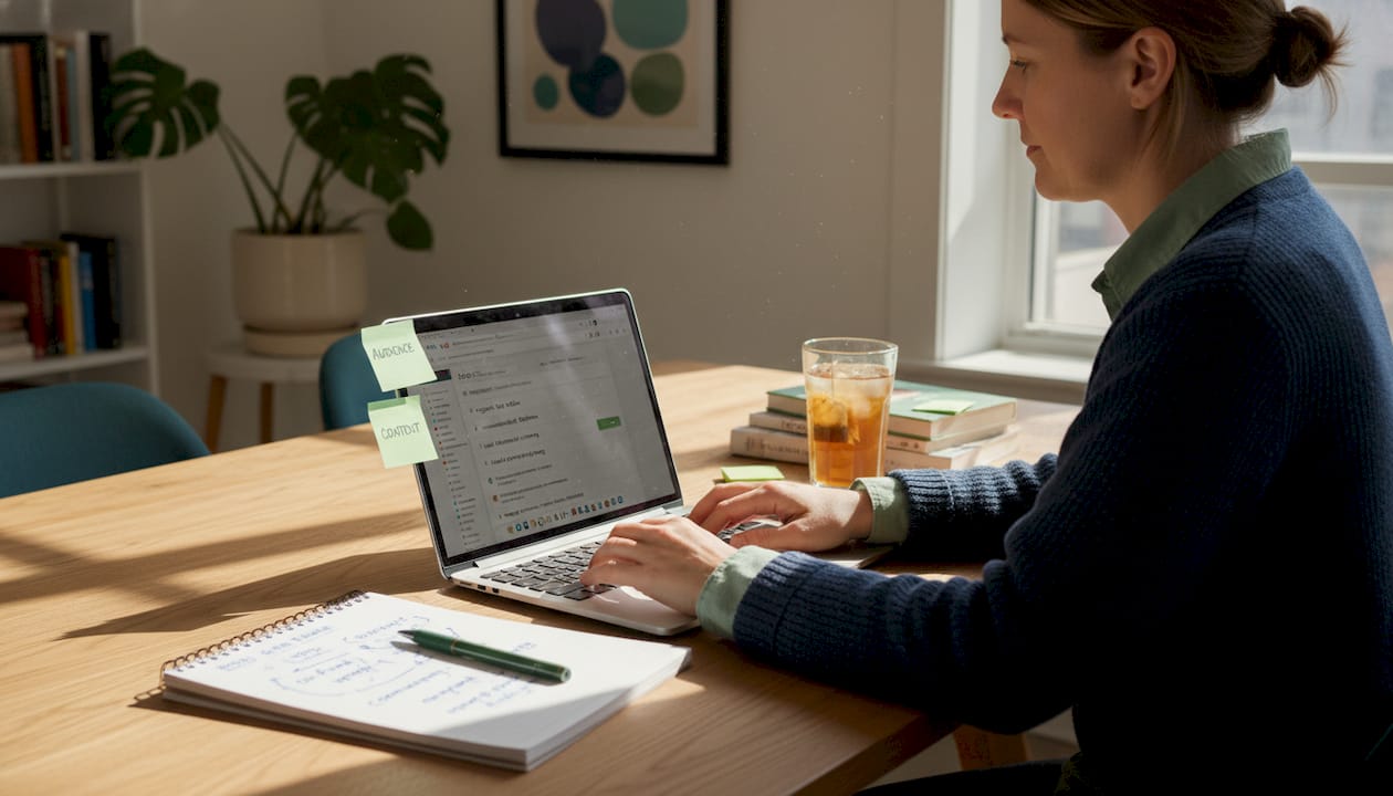 Person researching local keywords on laptop at home