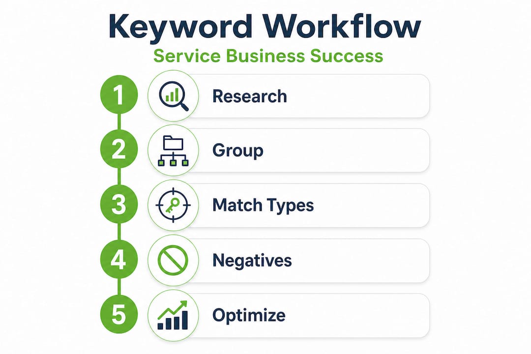 Infographic showing keyword strategy steps for service businesses