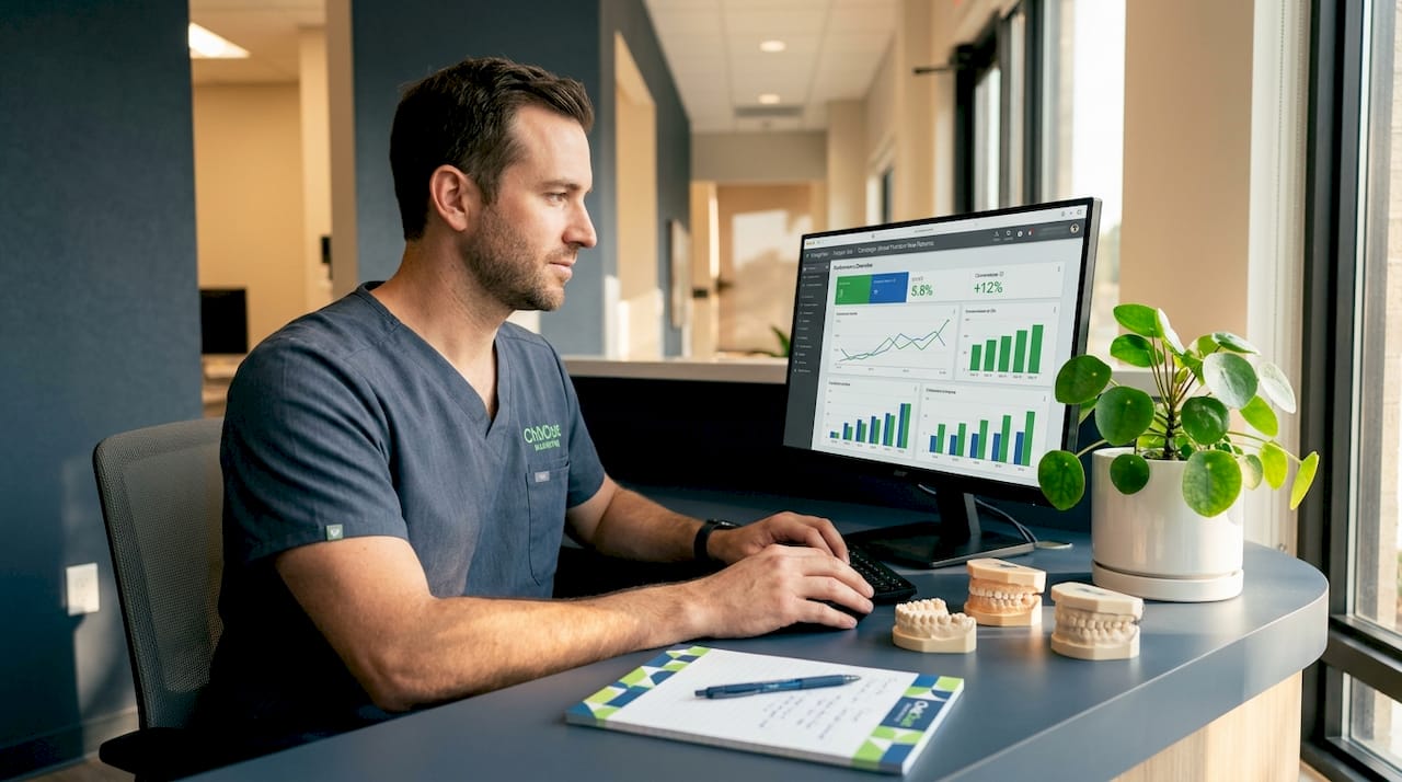 Dentist setting up Google Ads at front desk