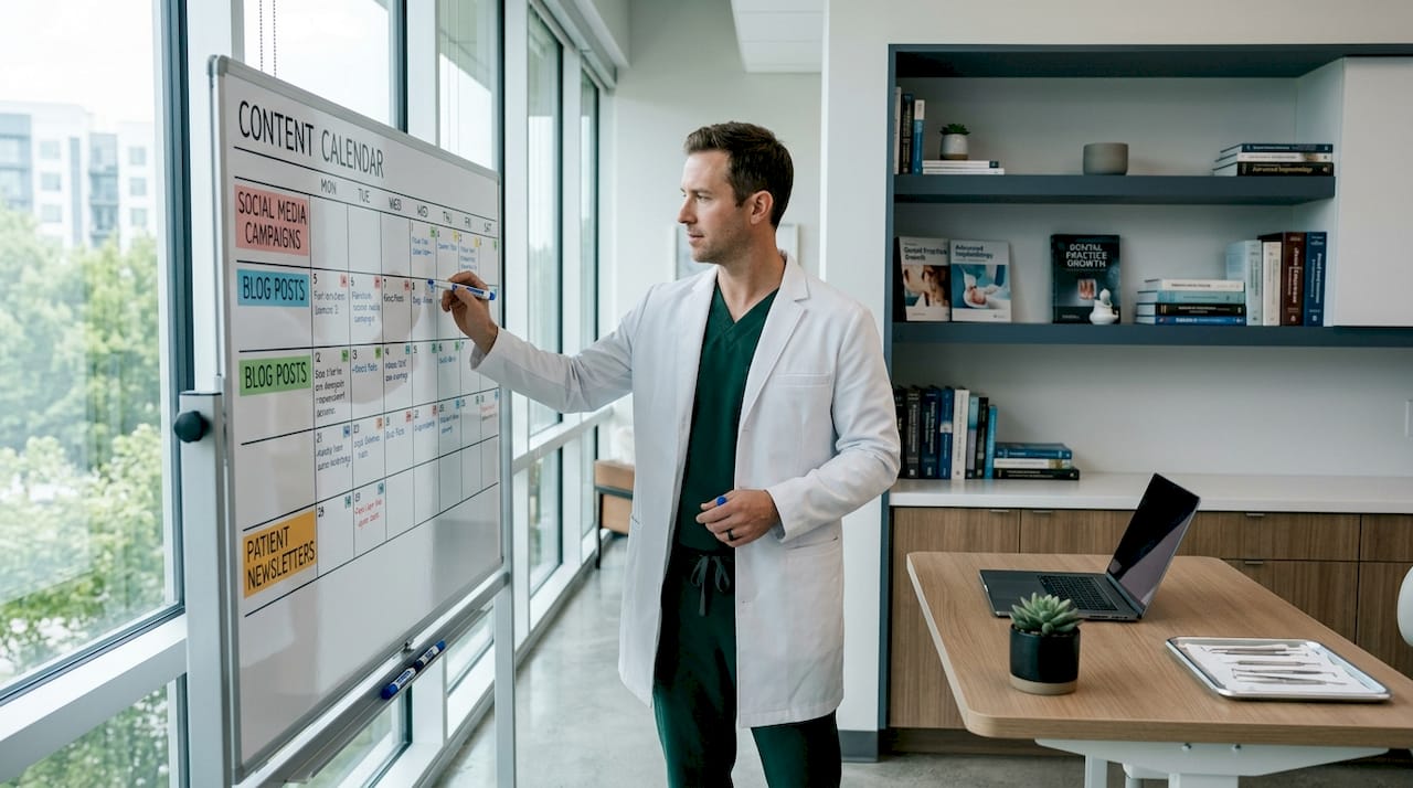 Dentist marking content calendar at glass desk