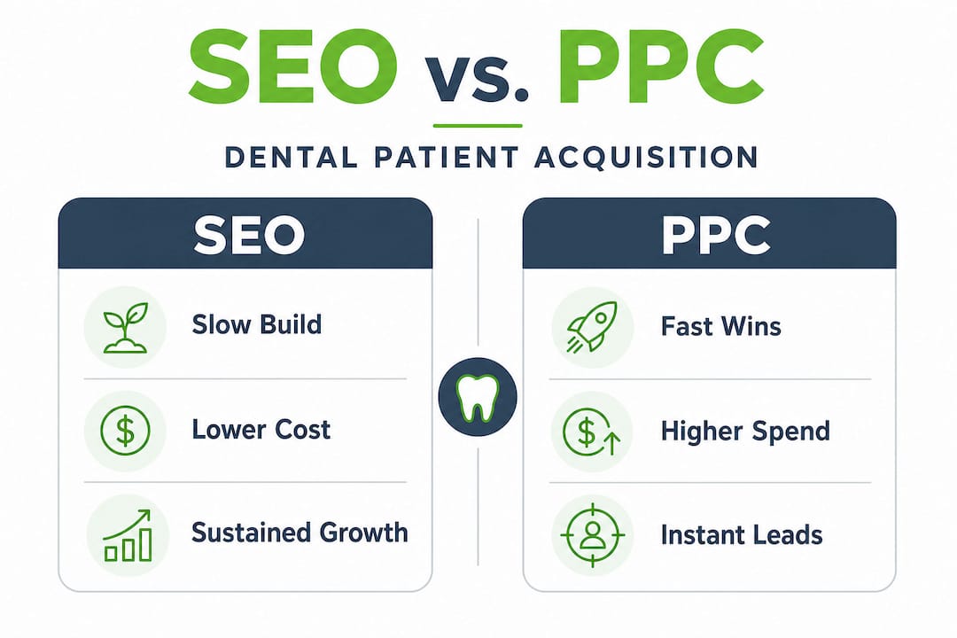 Infographic comparing SEO and PPC for dentists