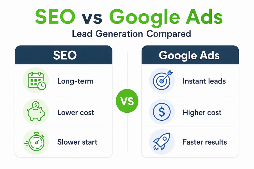 Infographic comparing SEO and Google Ads for ABA marketing