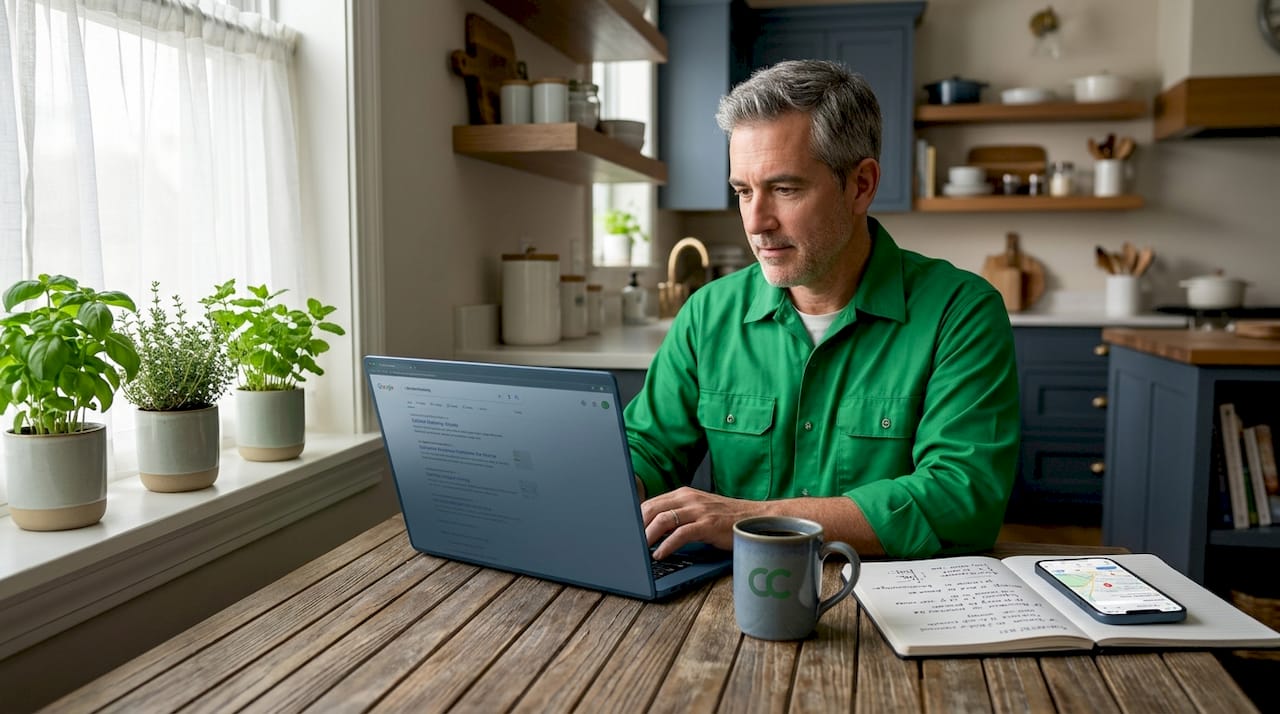 Home service owner checks laptop at kitchen table