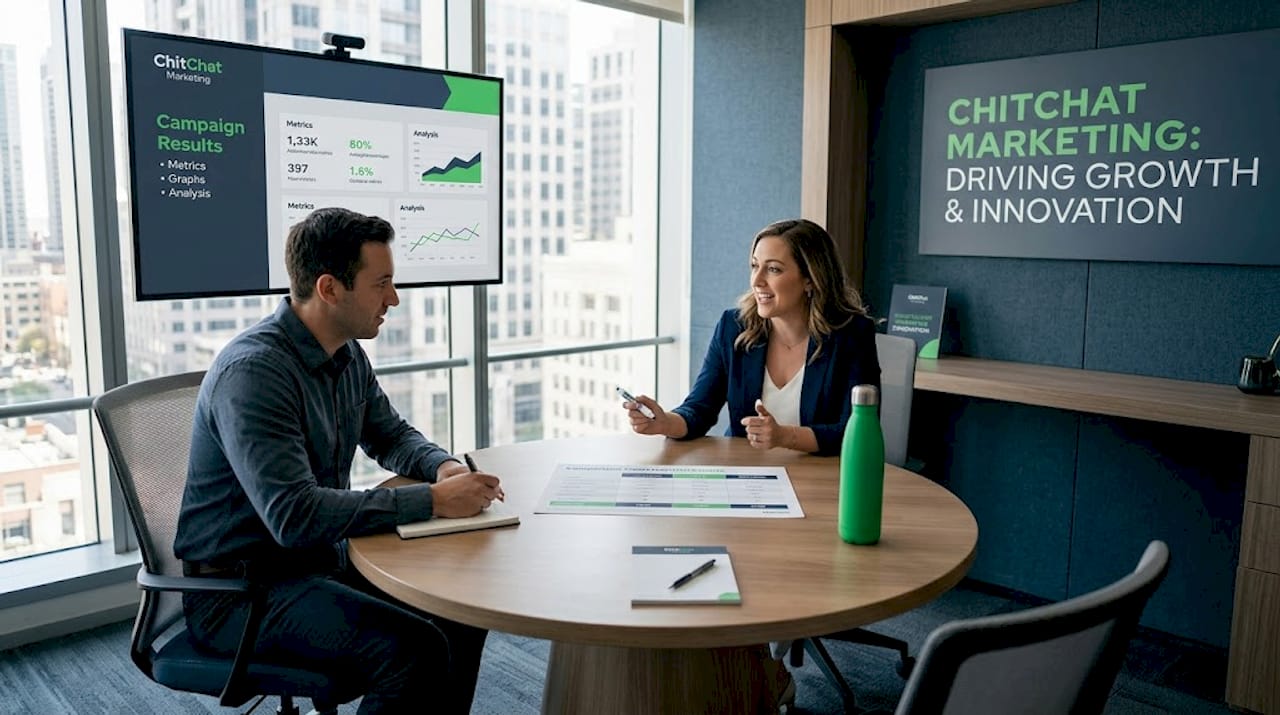 Two colleagues review PPC ad results in office setting