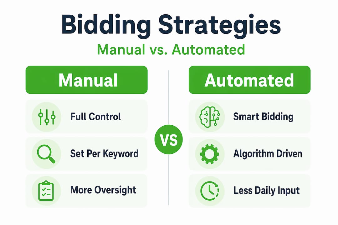 Infographic comparing manual and automated bidding strategies