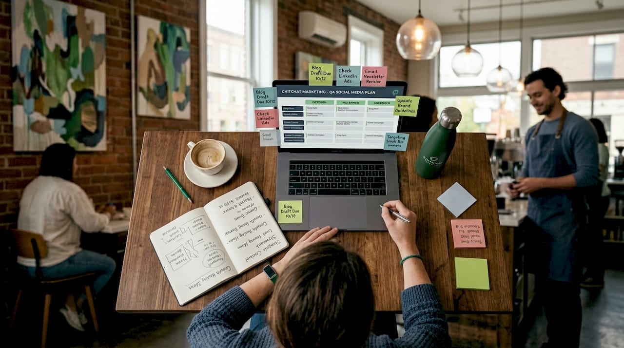 Businesswoman reviews content strategy at desk