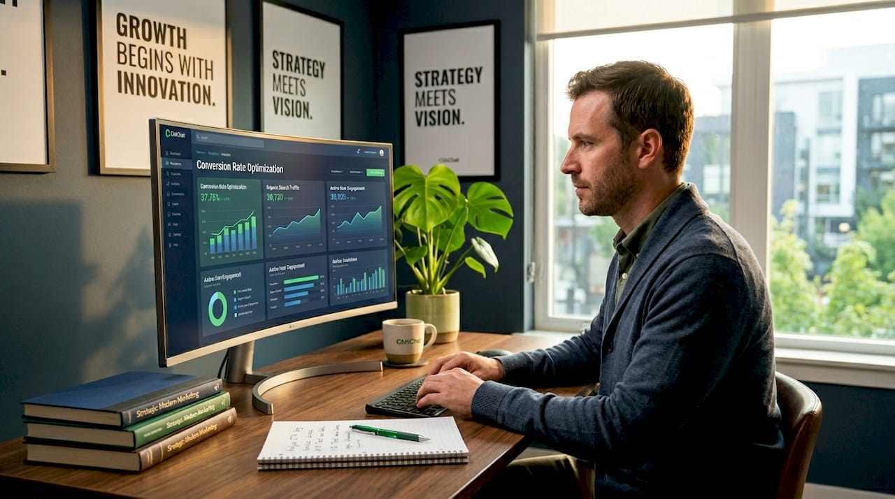 Marketer checking SEO analytics at workspace
