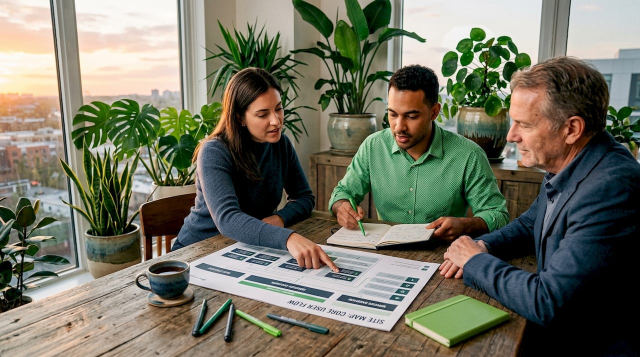 Team reviews sitemap blueprint in workspace