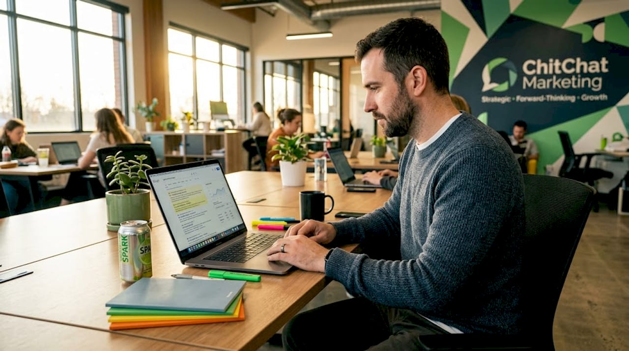 Manager reviewing search ads on laptop in office