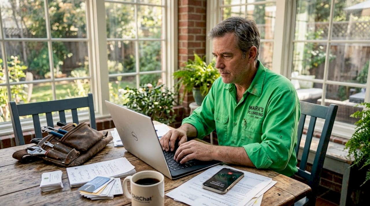 Plumber updating Google Business Profile at kitchen table