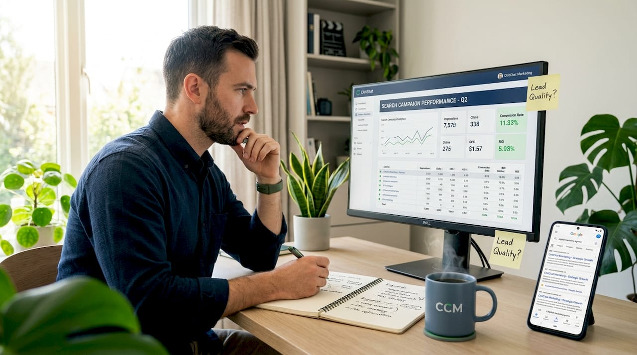 Marketer reviews branded search campaign results at desk