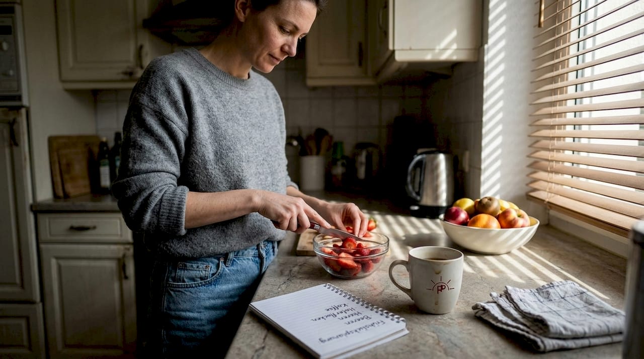 Eine Frau bereitet ein ausgewogenes und bewusstes Frühstück zu.