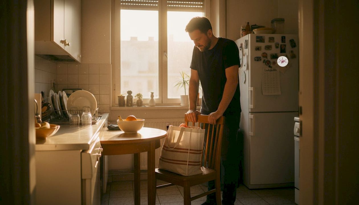 Ein müder Mann räumt die Einkäufe in der Küche aus.