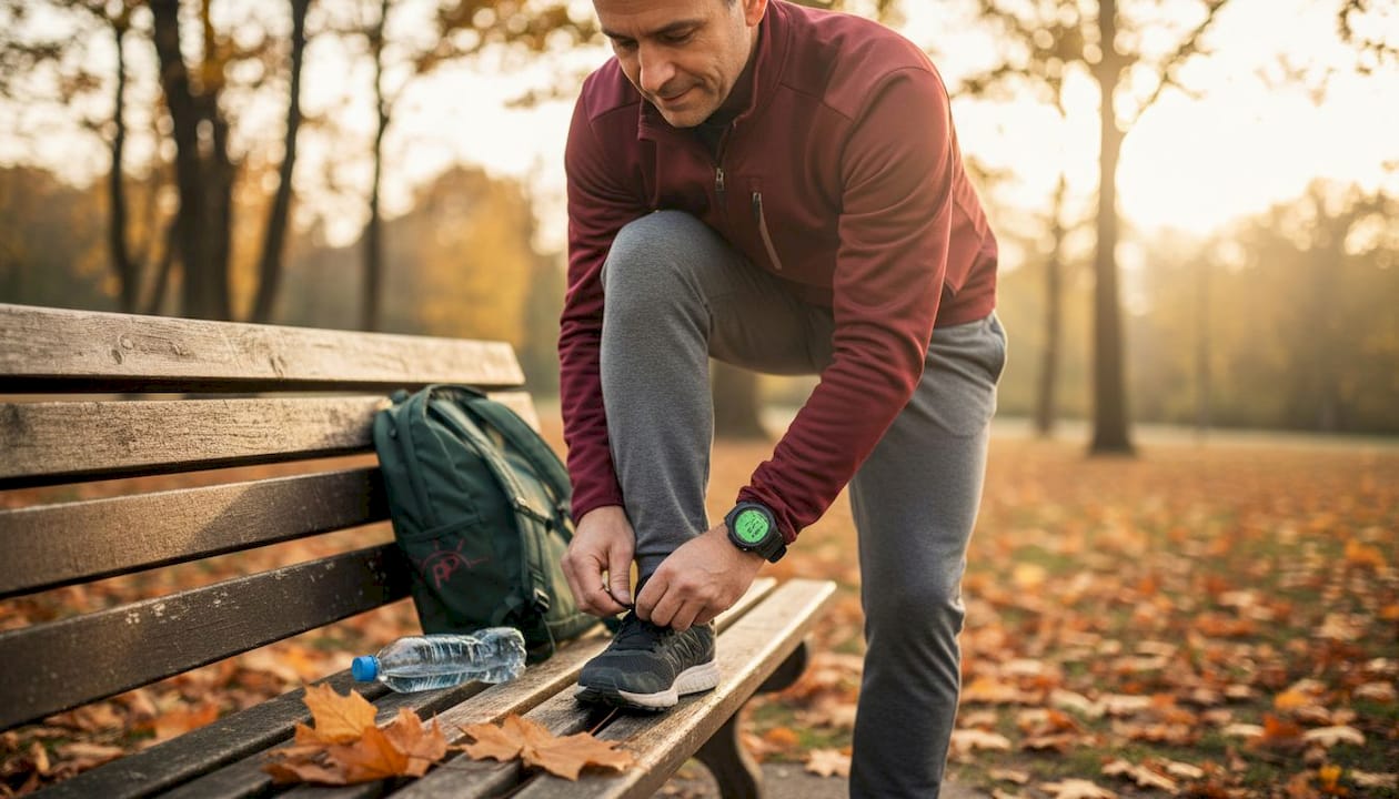 Ein Mann macht sich bereit für einen entspannten Spaziergang im Park.