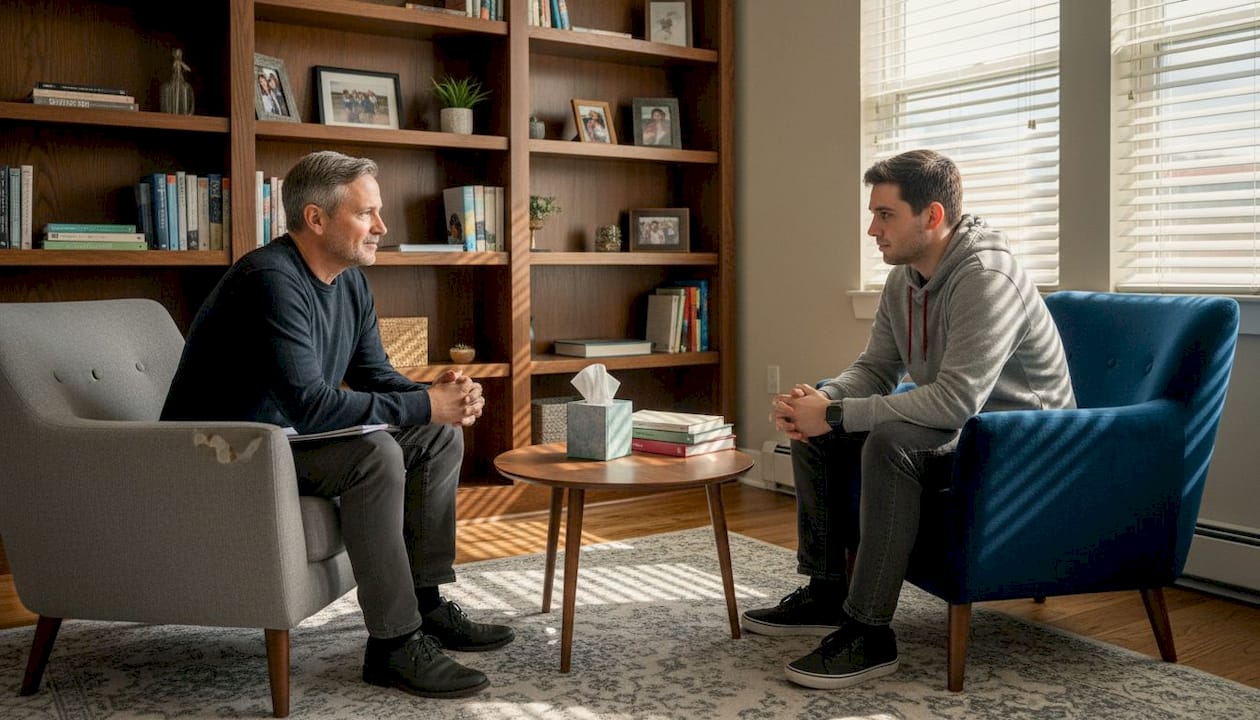 In einem gemütlichen Beratungsraum unterhalten sich Therapeut und Klient in ruhiger Atmosphäre.