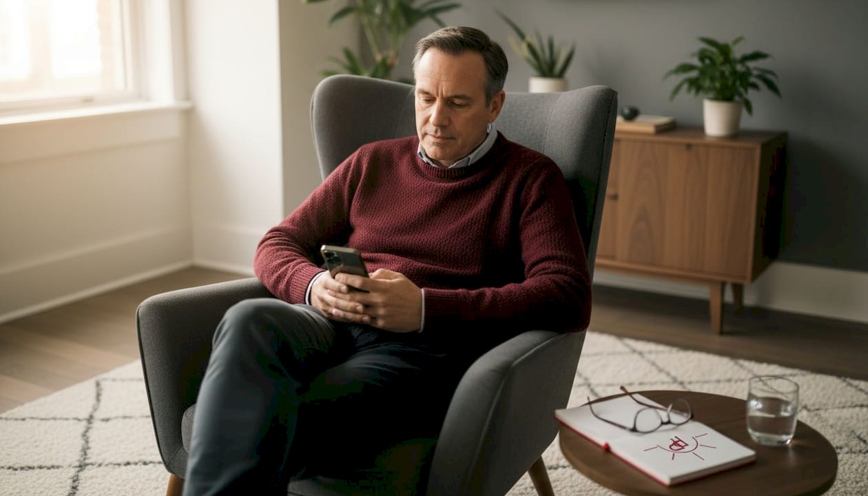 Ein Mann lässt sich während einer Hypnosesitzung entspannt in einem Sessel nieder.