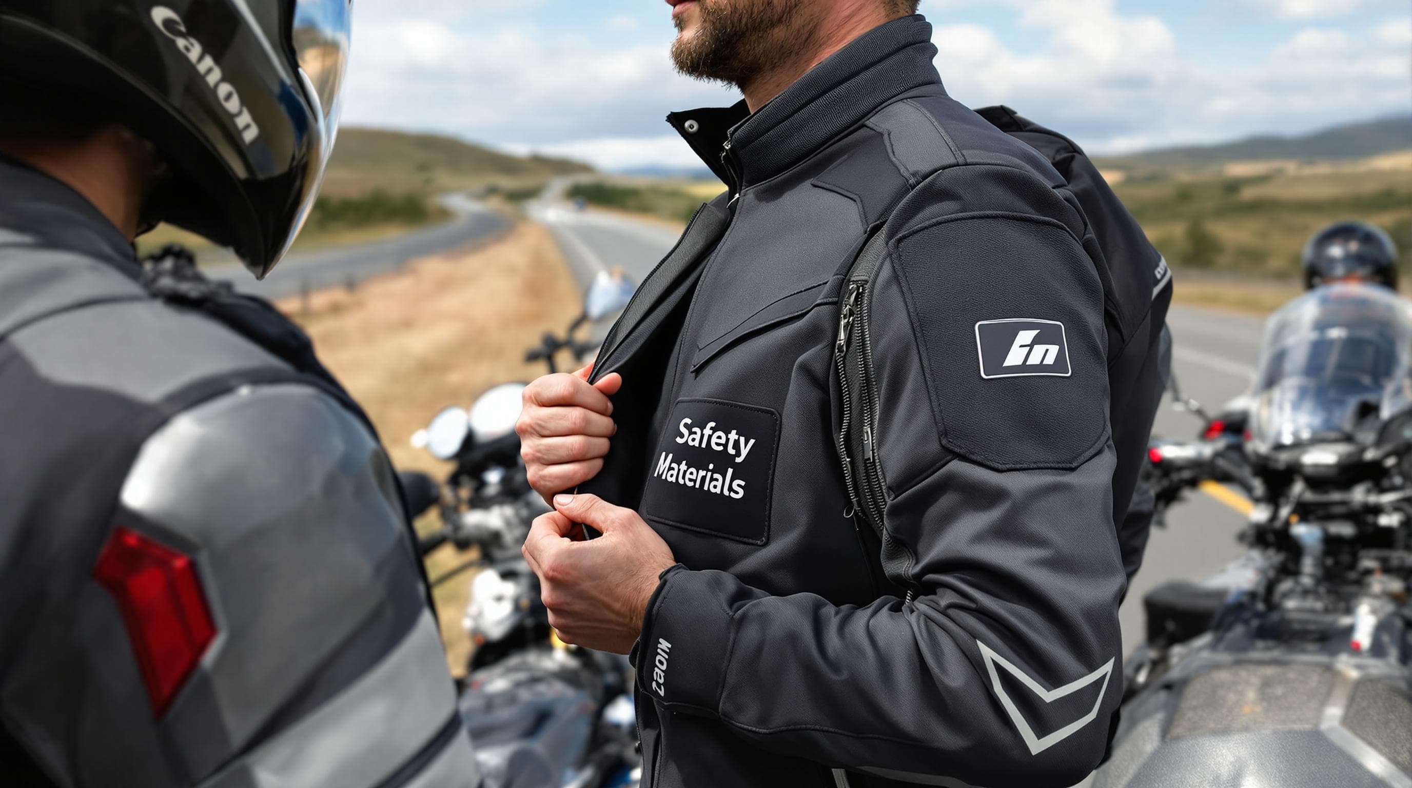Two motorcyclists show protective jackets beside parked bikes on roadside