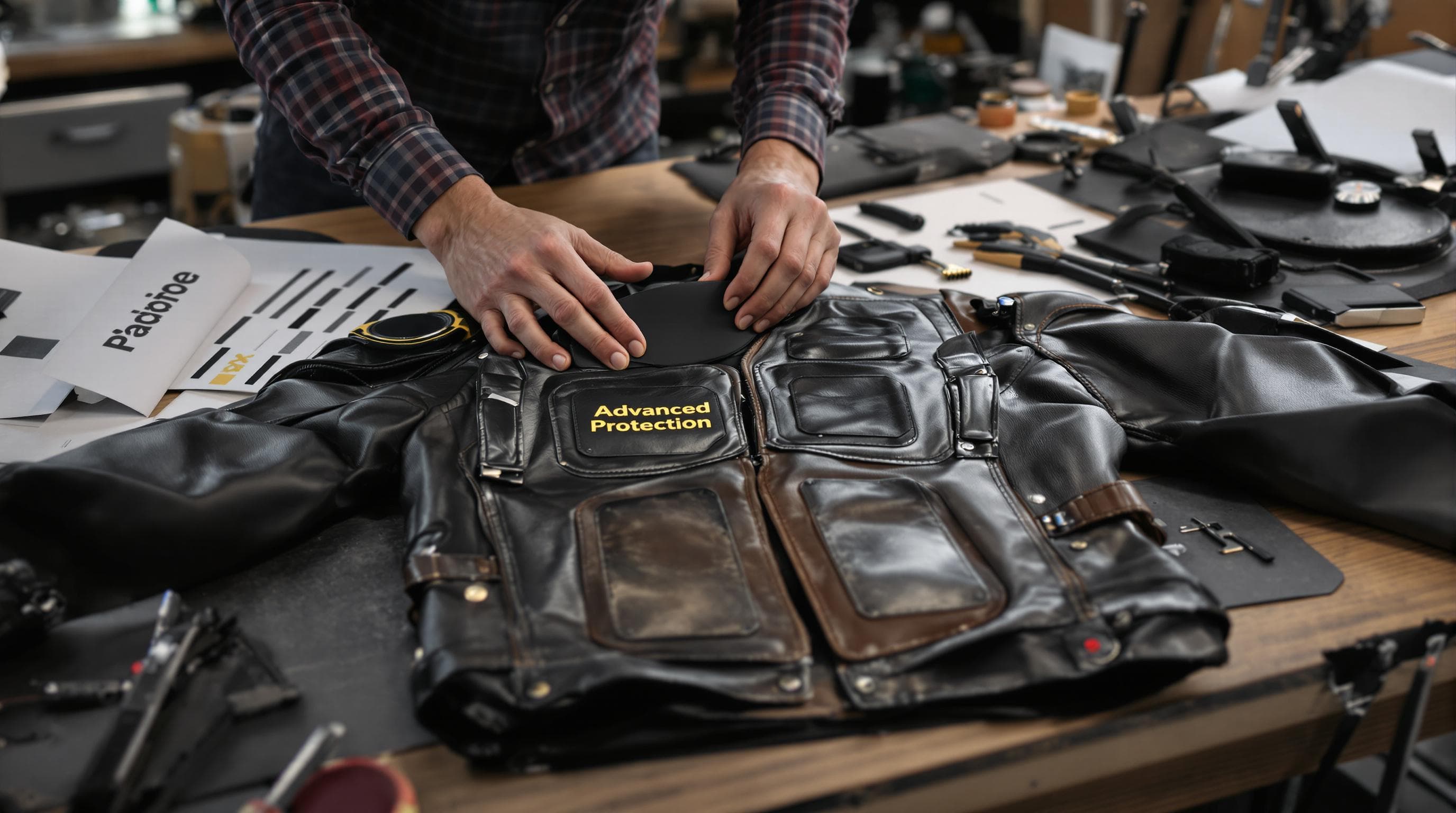 Craftsman assembling biker jacket with armor and advanced fabrics