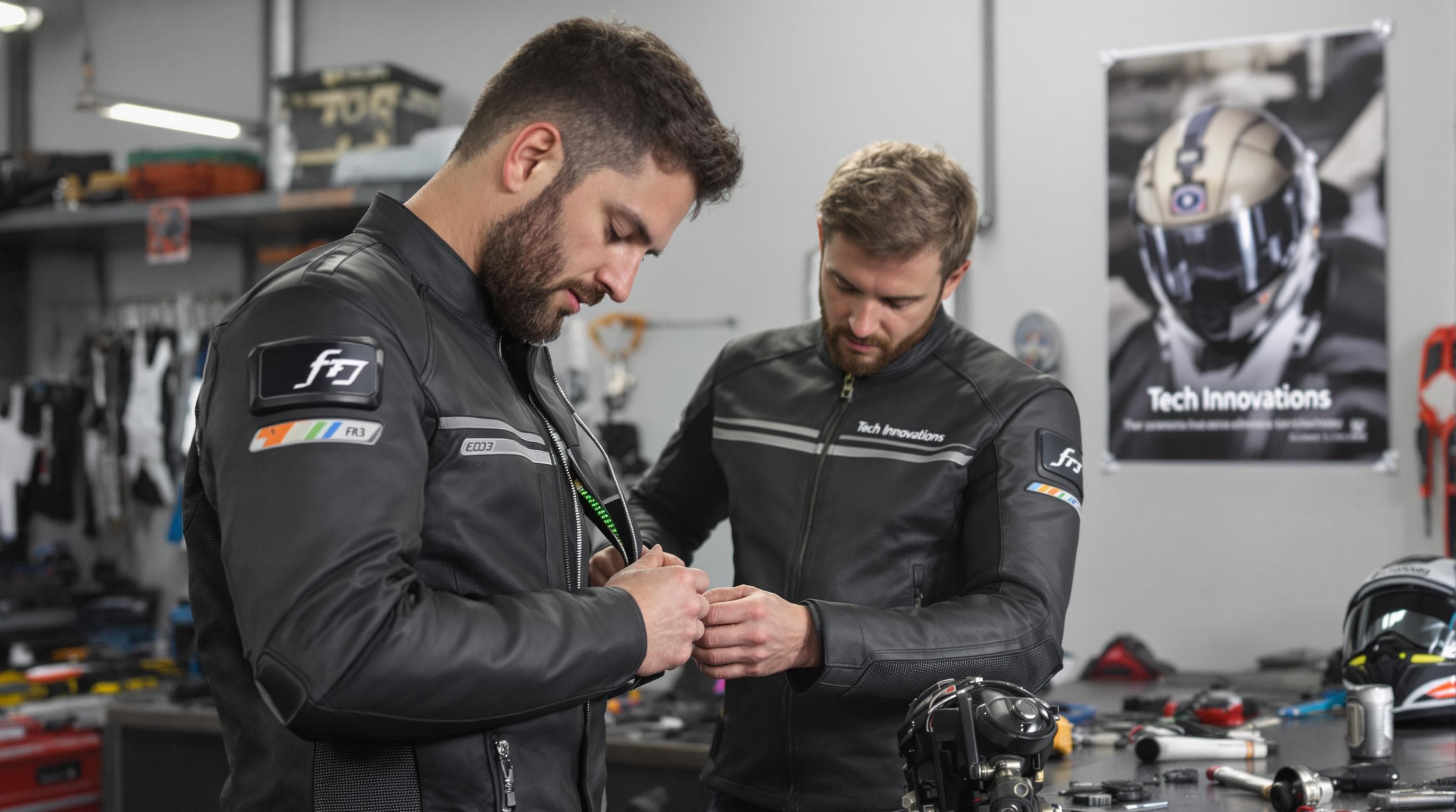Rider zipping up innovative motorcycle jacket with smart fabric details