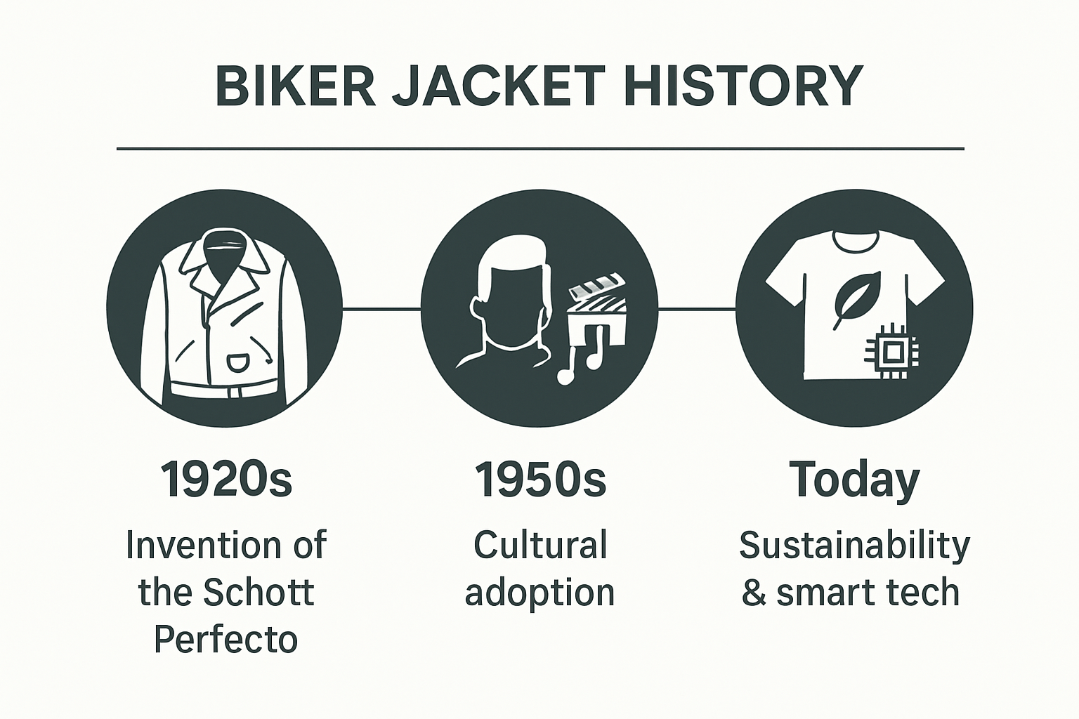 Timeline of biker jacket history from 1920s to present