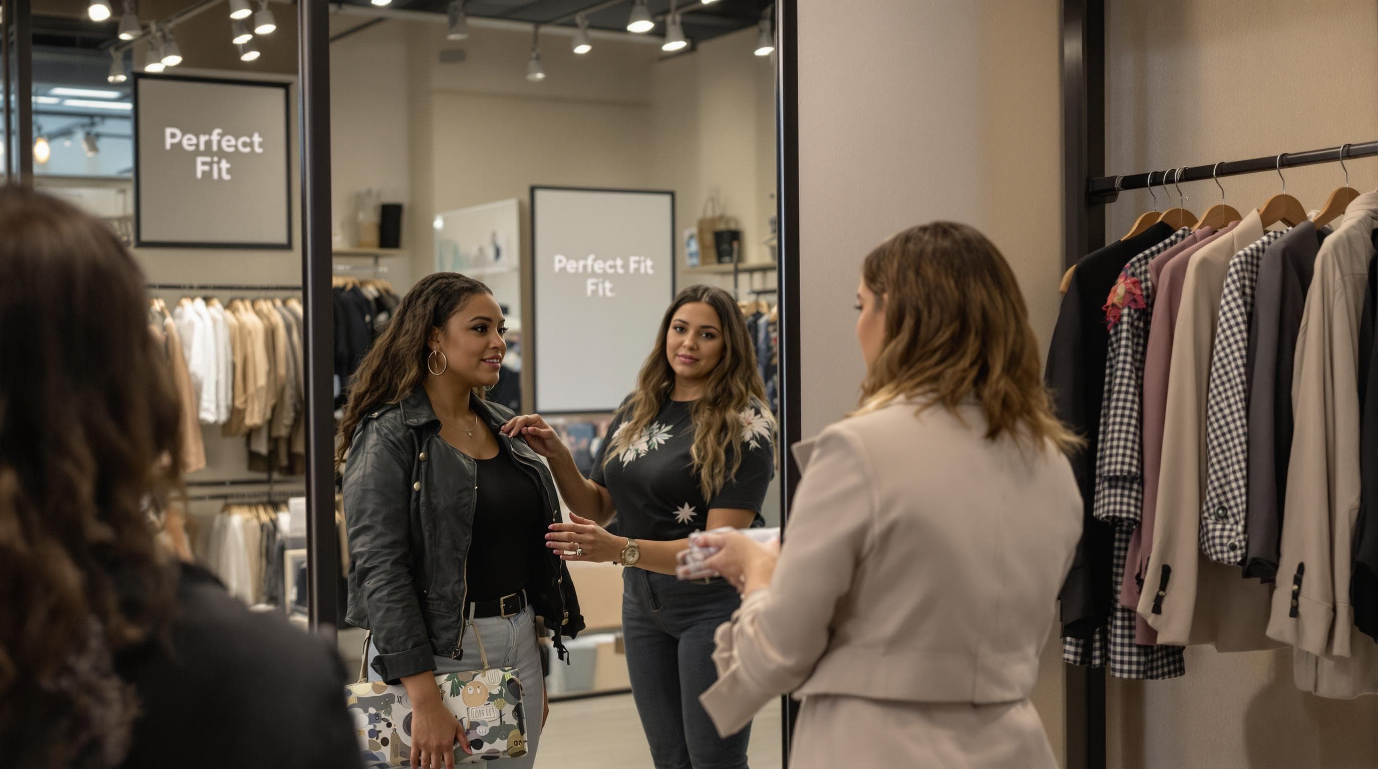 Person comparing jackets in fitting room with 'Perfect Fit' decor
