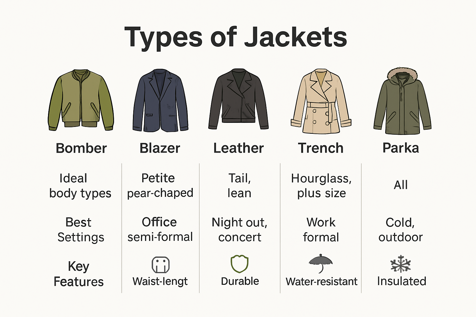 Comparison of popular jacket styles with visuals and features