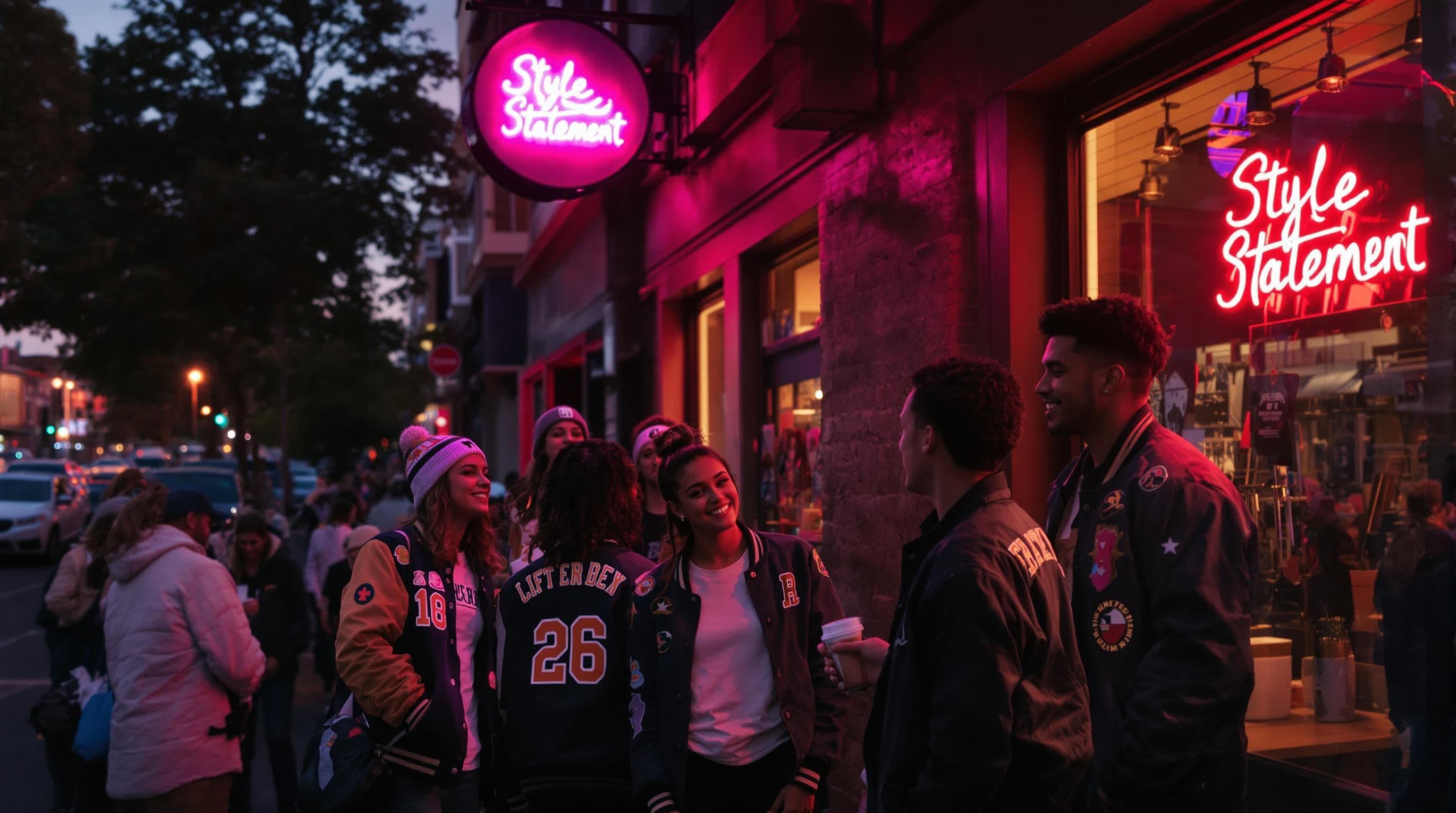 Young adults in varsity jackets making a pop culture statement on city street