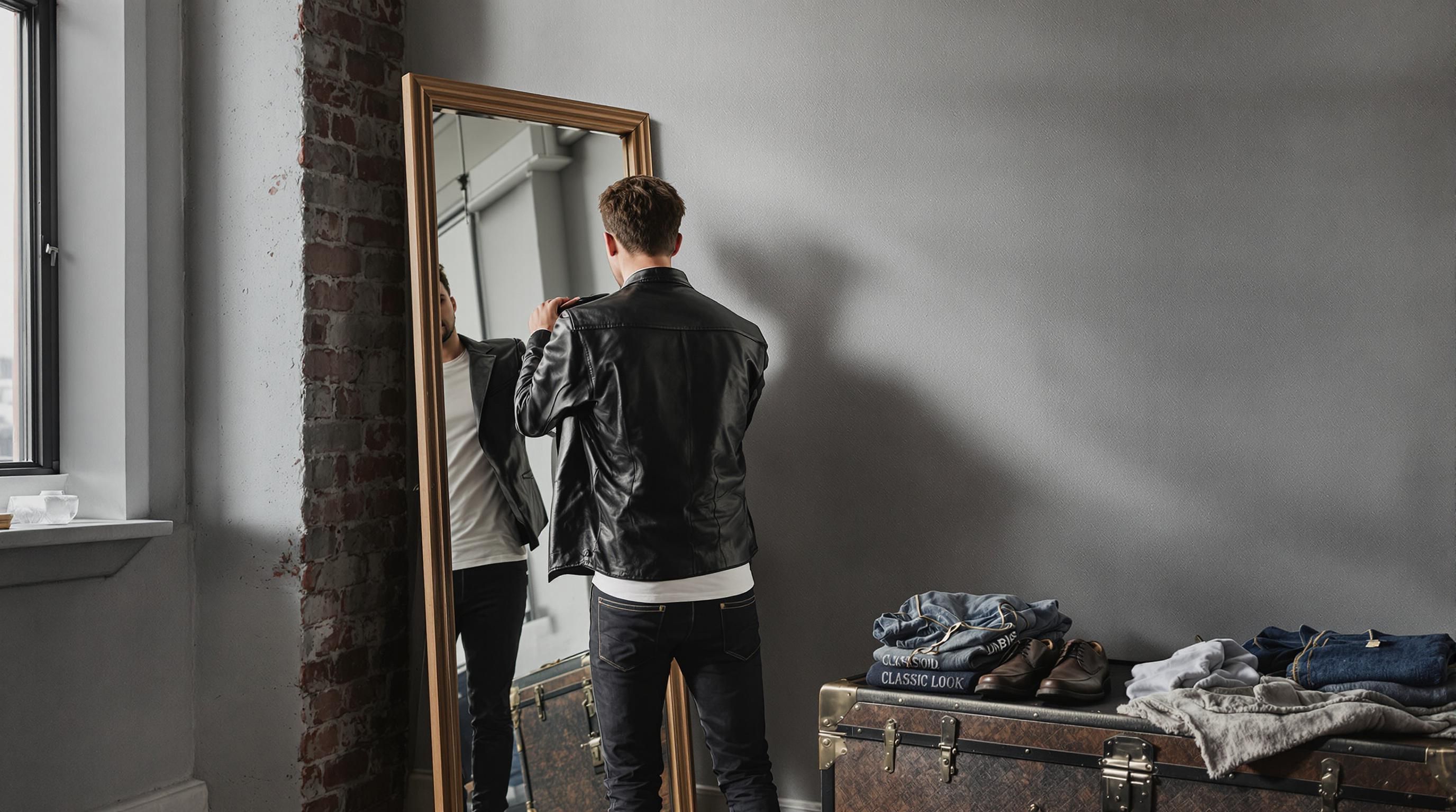 Man trying on leather jacket in urban loft with outfit options