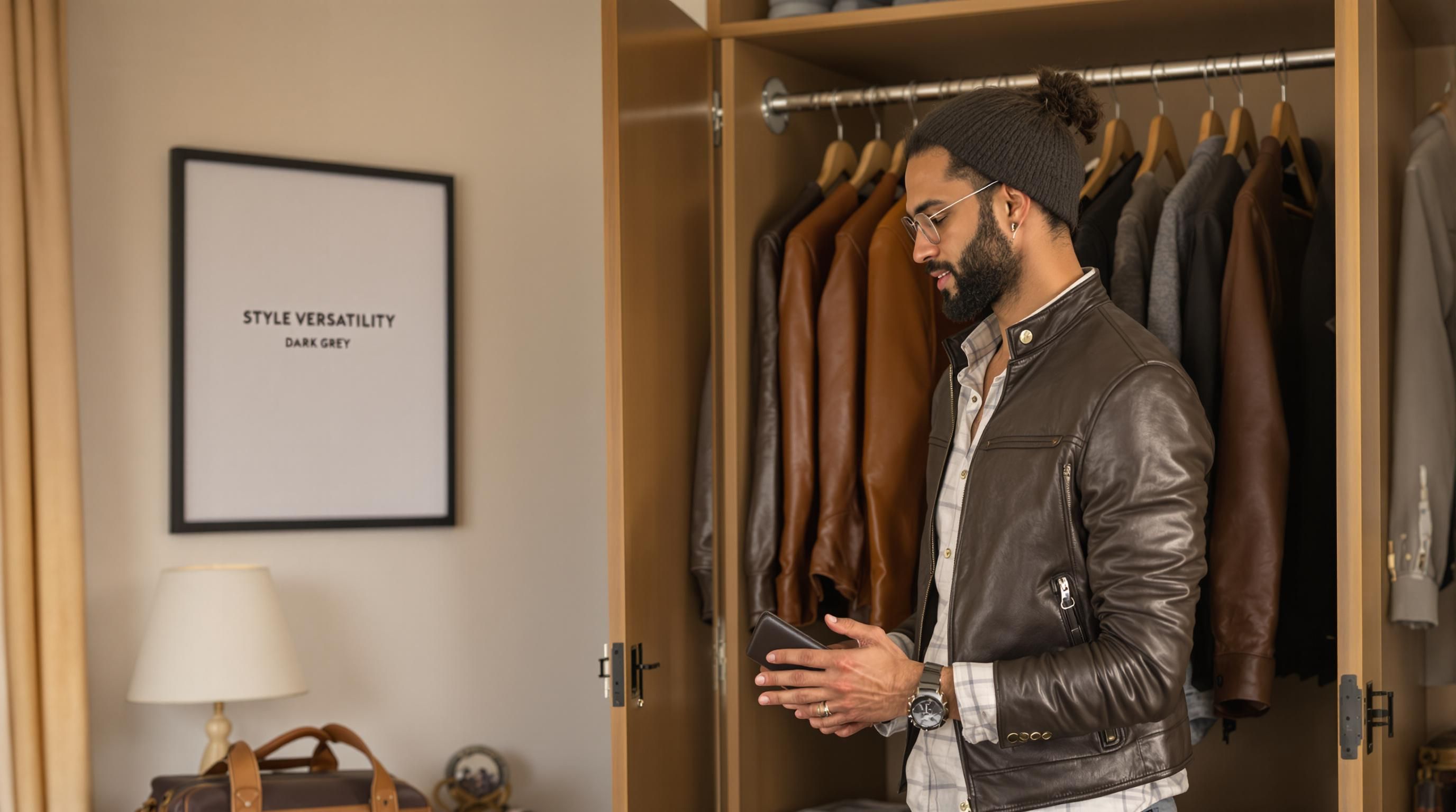 Person selecting genuine leather items at wardrobe with style message