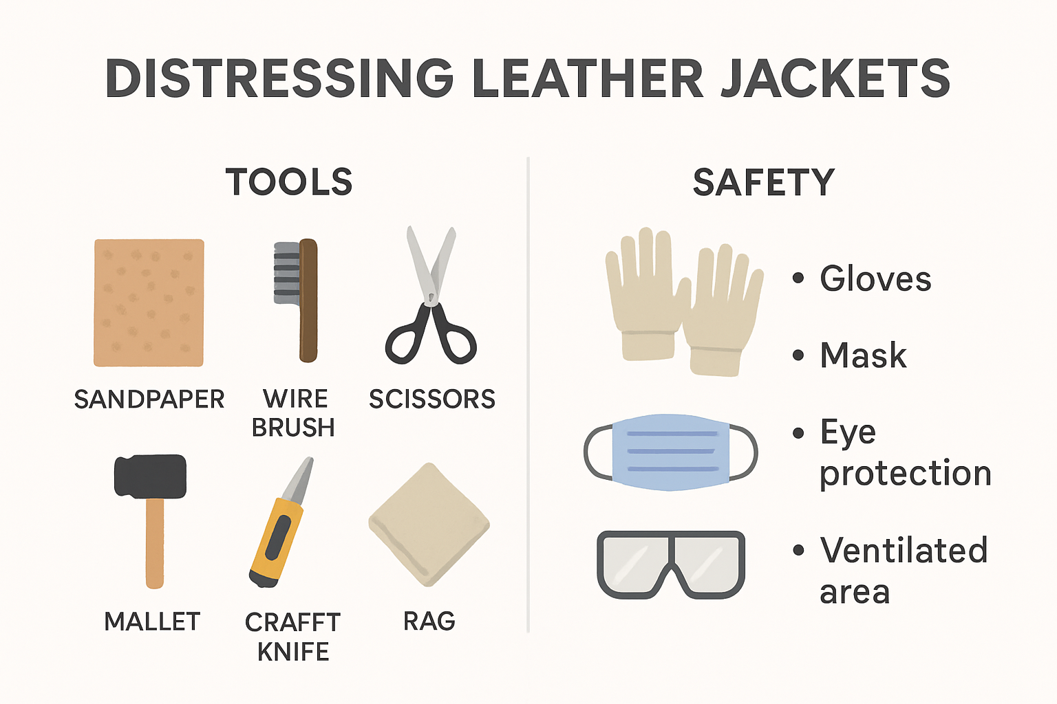 Infographic showing distressing tools and safety setup
