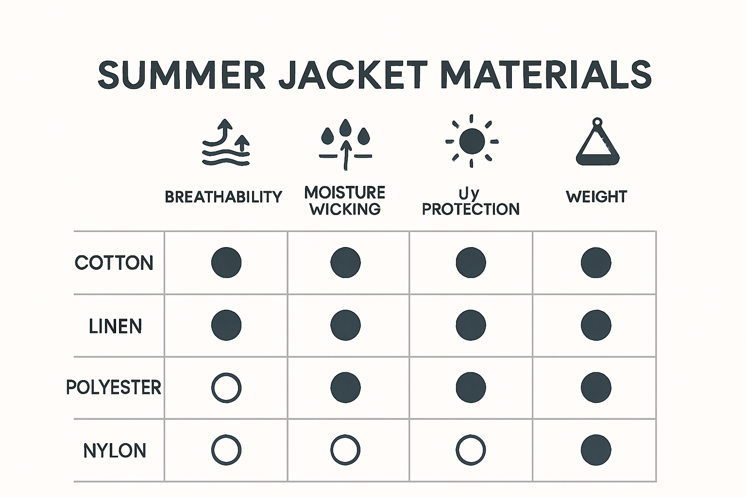 Infographic comparing summer jacket fabrics by key properties