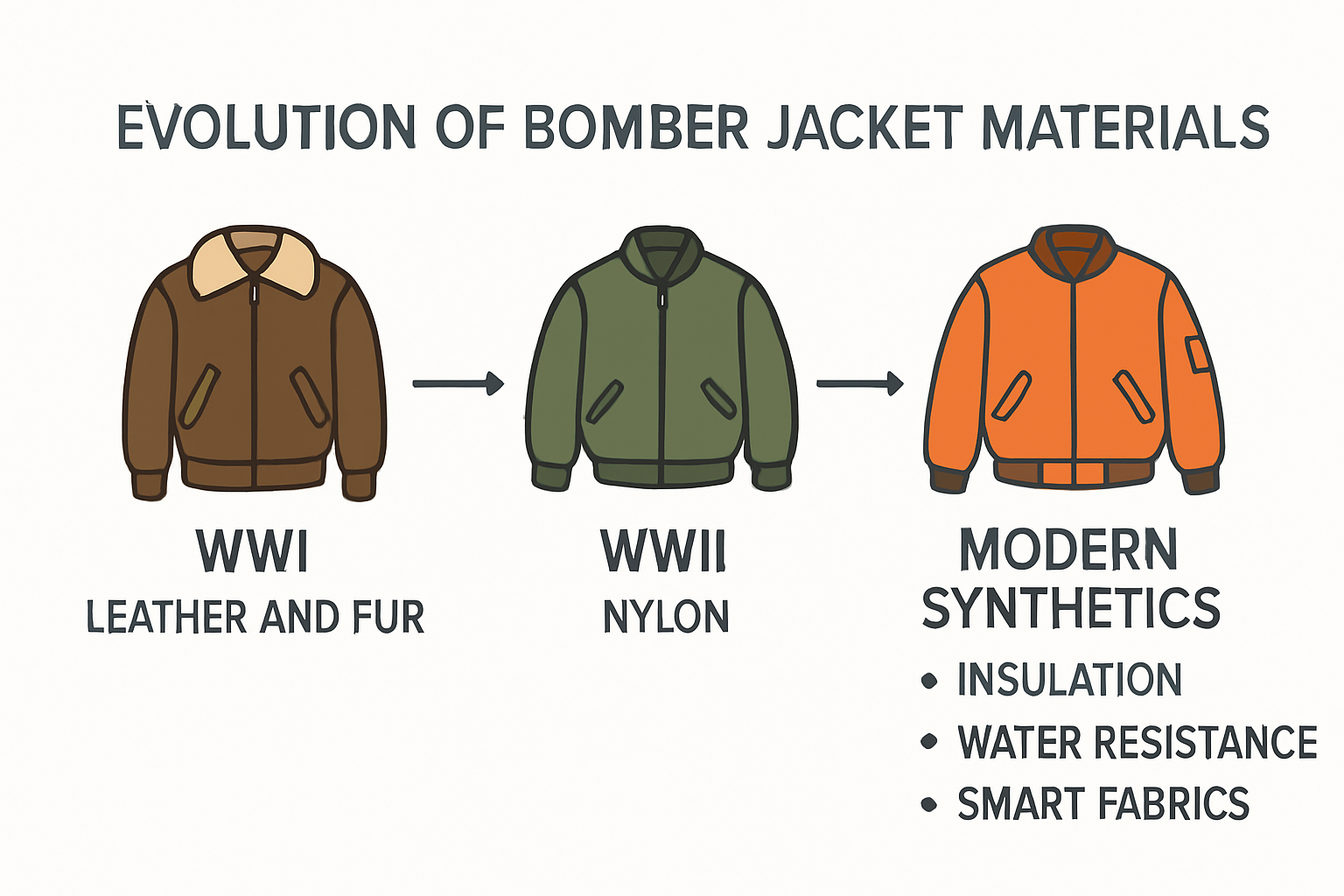 Bomber jacket material evolution timeline infographic
